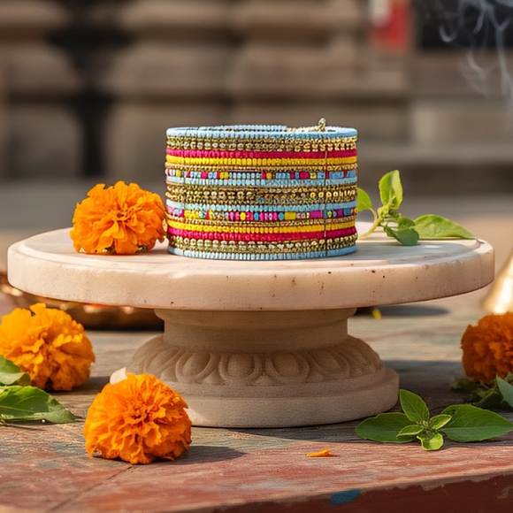 🆕️Indian Artisanal Beaded Boho Chic Cuff Bracelet | Pastel & Brass Statement 🌼 - Picture 1 of 14
